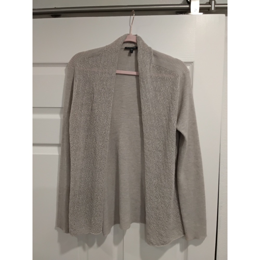 EILEEN FISHER‎ Beige Knit Wool Cardigan Sweater Open Front Lace Detail Size L